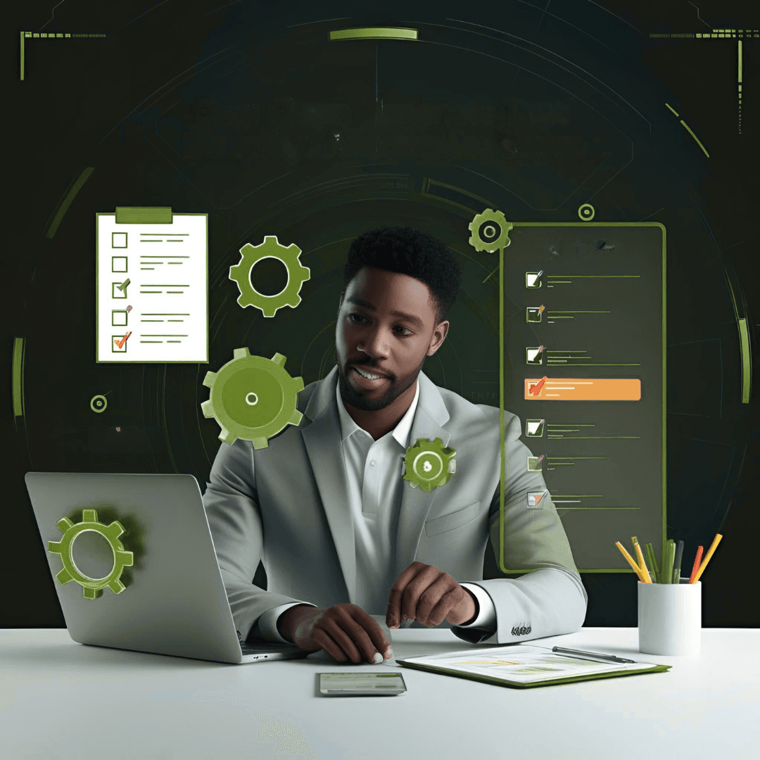 Business professional using Flicobase automation technology to streamline workflows